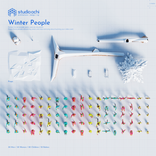 3D render lowpoly people crowd population model